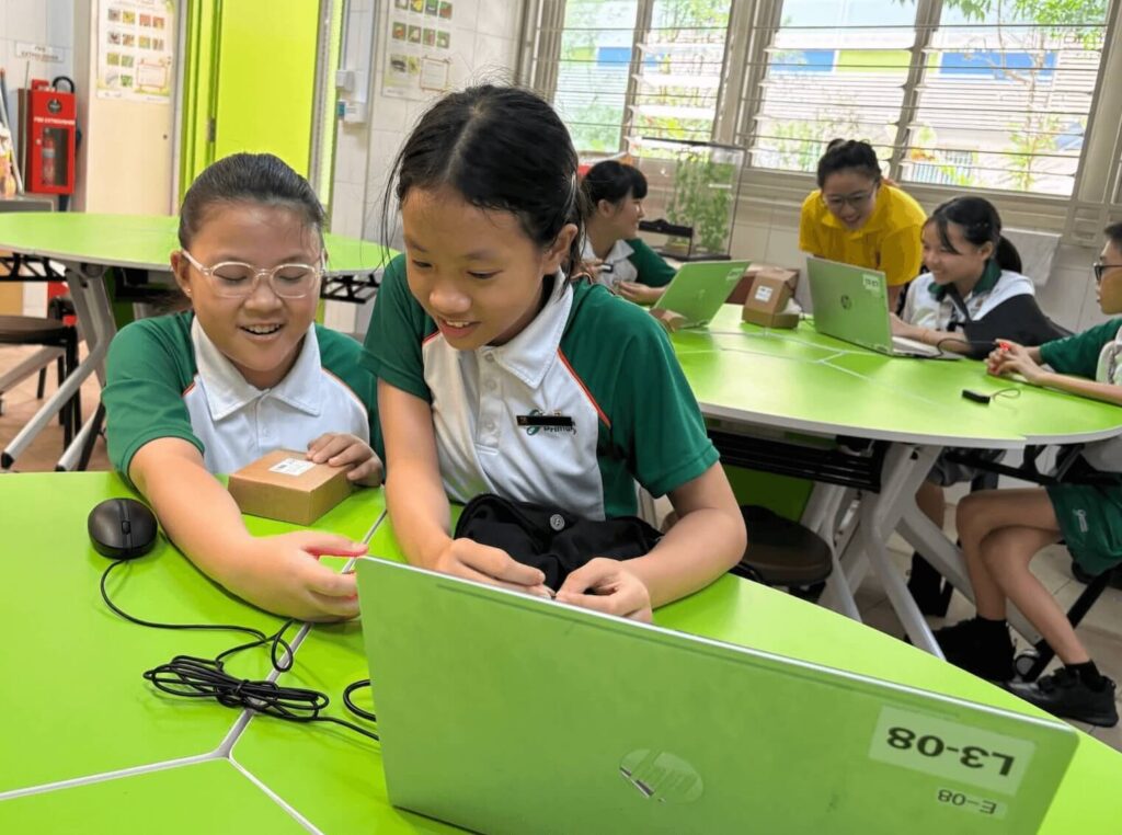 Primary students used a BBC Micro:bit at the heart of Singapore's Digital Maker Programme