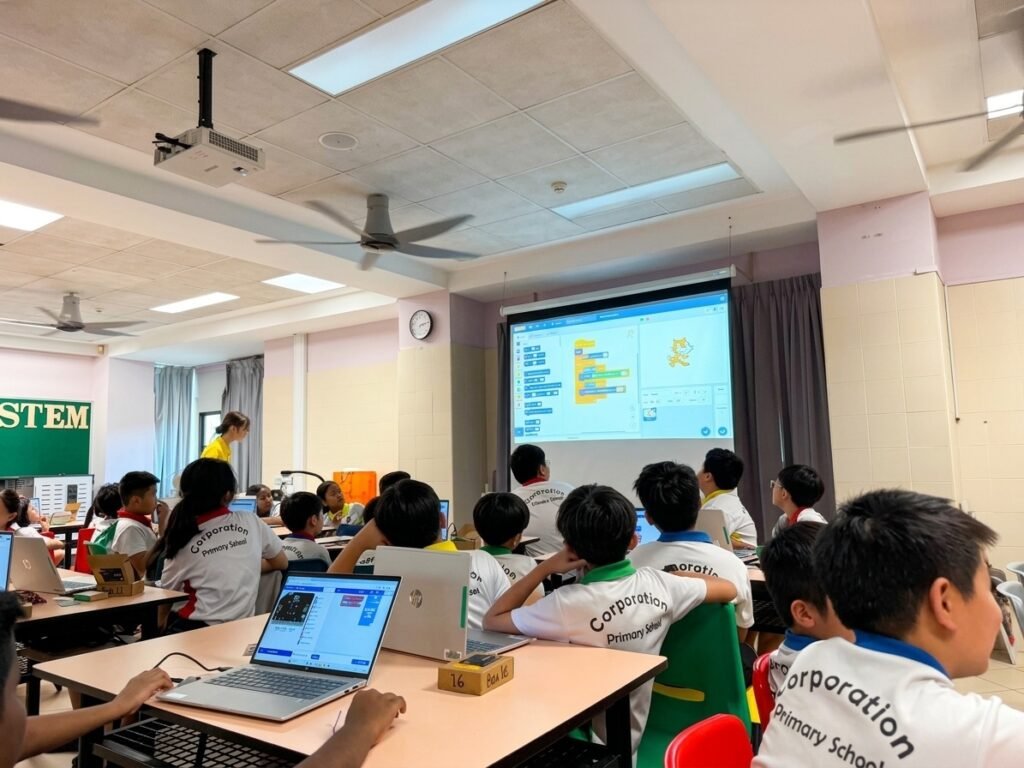 Corporation Primary students following a block-based coding demonstration in the school's STEM room