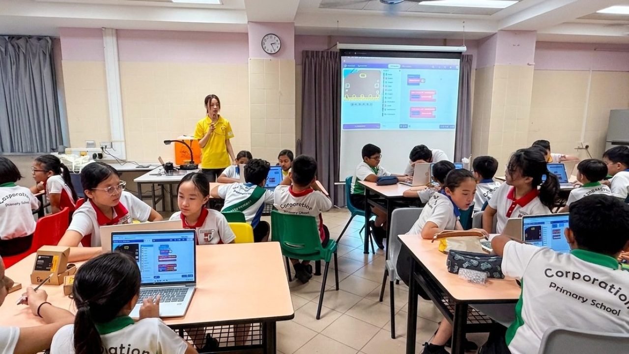 The Young Maker instructor teaching a micro:bit sustainability programme to Primary 5 students at Corporation Primary School